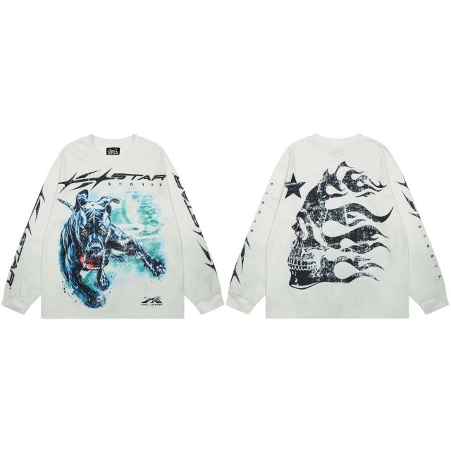 Hellstar Black Dog Print Washed Version Long-Sleeve T-Shirt