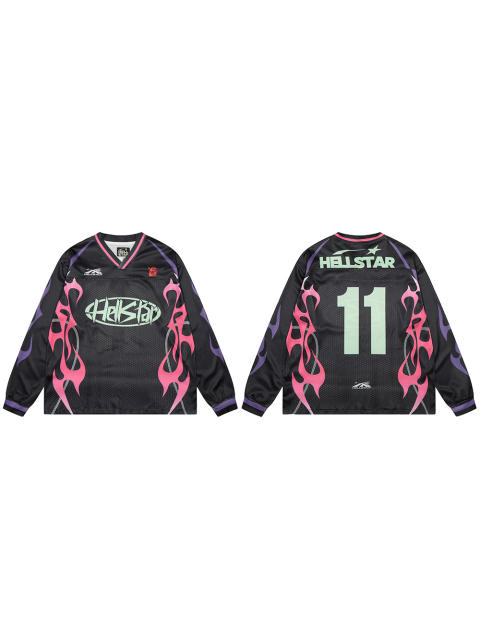 Hellstar Pink and Purple Flame Digital Printed Mesh Long Sleeve T-Shirt