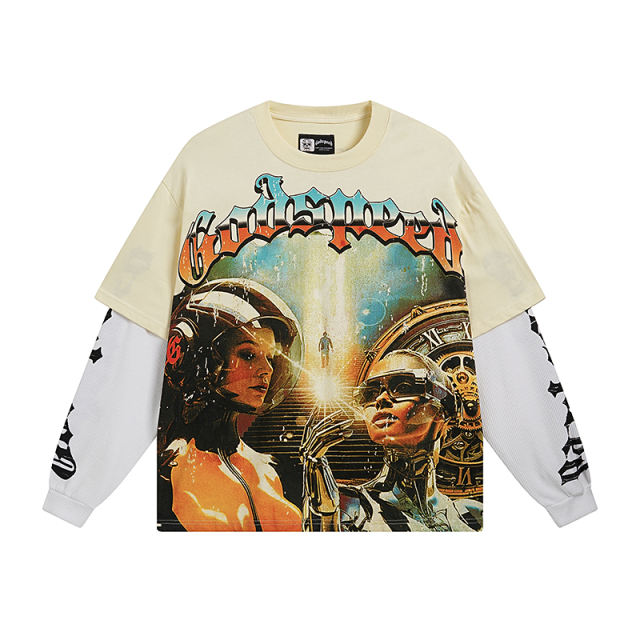 28452119 Robot Printed Washed Version Long Sleeve T-Shirt 3 colors
