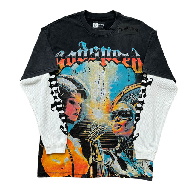28452119 Robot Printed Washed Version Long Sleeve T-Shirt 3 colors