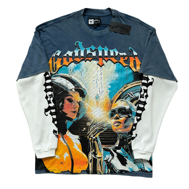 28452119 Robot Printed Washed Version Long Sleeve T-Shirt 3 colors