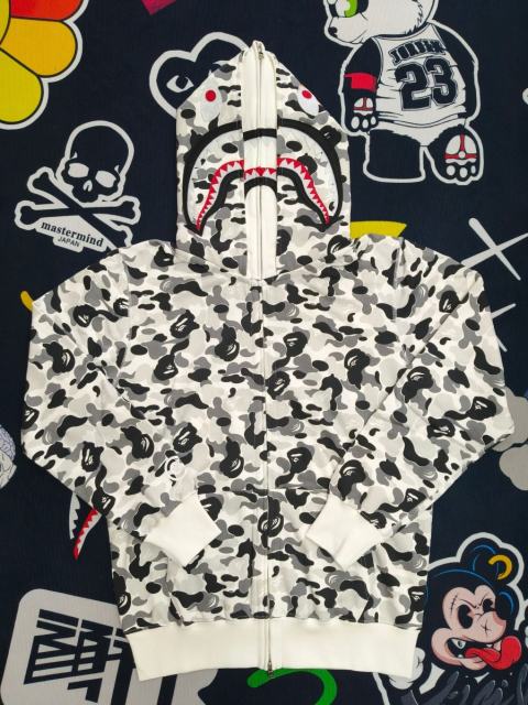 [Best Quality] 1:1 BAPE Gray Camo Shark Double Hood Full Zip-up Hoodie