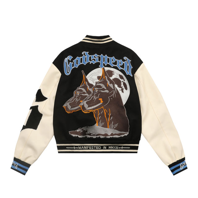 28485555 Dog Head Moon Embroidered Baseball Jacket