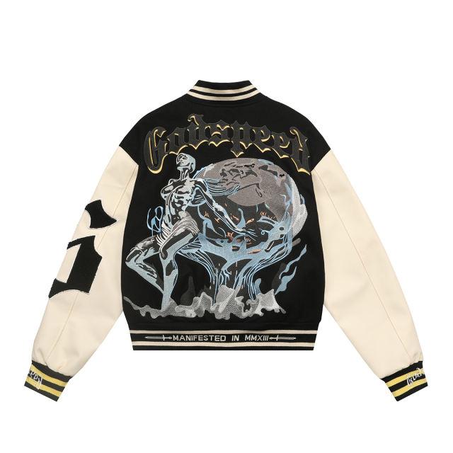 28481812 Earth Robot Pattern Embroidered Baseball Jacket