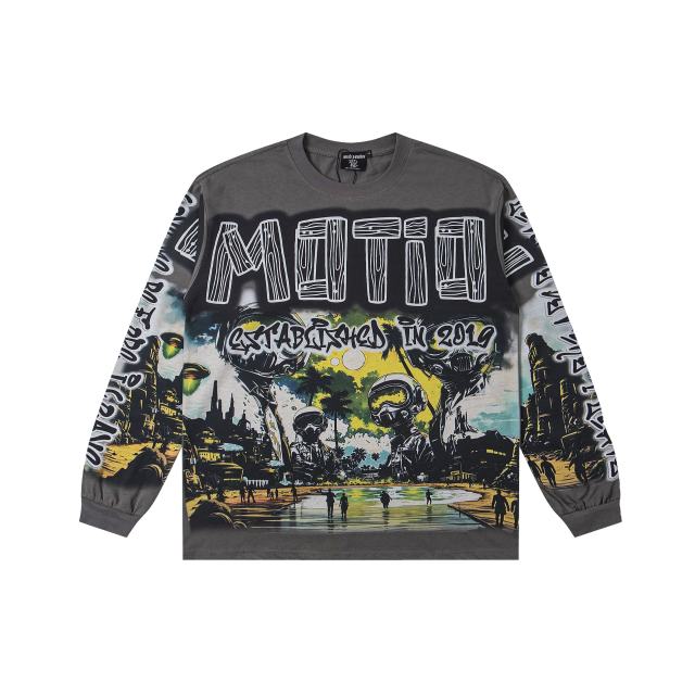 Mixed Emotion UFO Alien Invasion Printed Long Sleeve T-Shirt