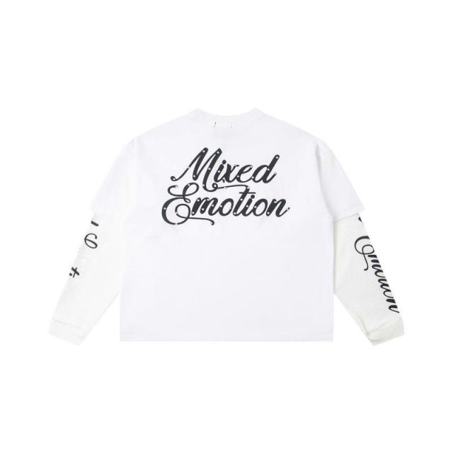 Mixed Emotion Logo Printed Diamond Fake Two-Piece Long-Sleeve T-Shirt 2 colors