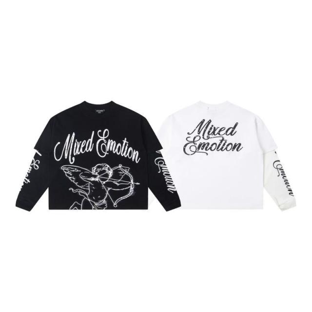 Mixed Emotion Logo Printed Diamond Fake Two-Piece Long-Sleeve T-Shirt 2 colors