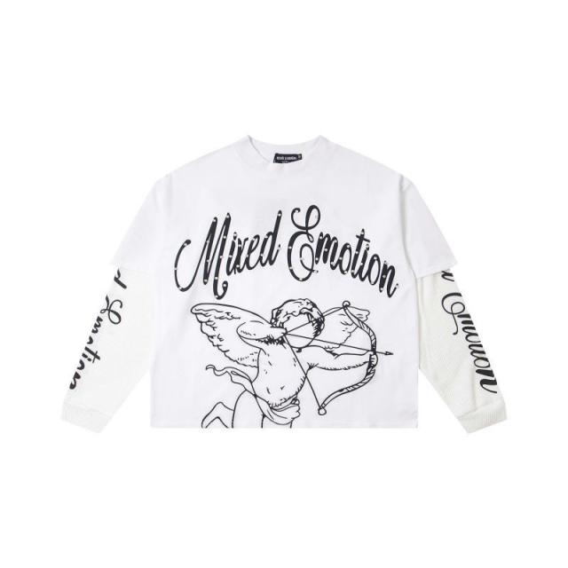 Mixed Emotion Logo Printed Diamond Fake Two-Piece Long-Sleeve T-Shirt 2 colors