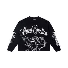 Mixed Emotion Logo Printed Diamond Fake Two-Piece Long-Sleeve T-Shirt 2 colors