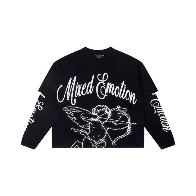 Mixed Emotion Logo Printed Diamond Fake Two-Piece Long-Sleeve T-Shirt 2 colors