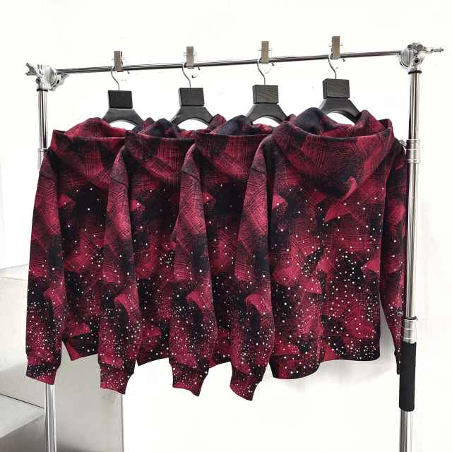1:1 Quality Version Red-Striped Checkered Scattered-Diamond Zipper Hoodie