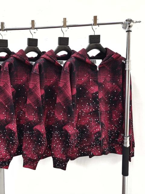 1:1 Quality Version Red-Striped Checkered Scattered-Diamond Zipper Hoodie