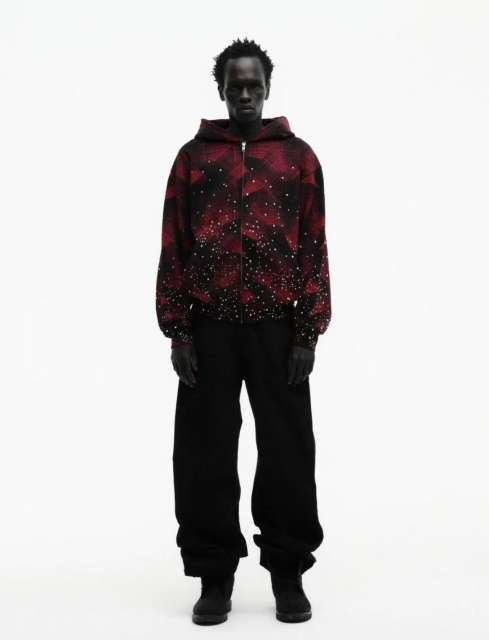 1:1 Quality Version Red-Striped Checkered Scattered-Diamond Zipper Hoodie
