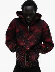 1:1 Quality Version Red-Striped Checkered Scattered-Diamond Zipper Hoodie