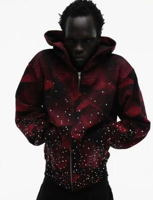 1:1 Quality Version Red-Striped Checkered Scattered-Diamond Zipper Hoodie