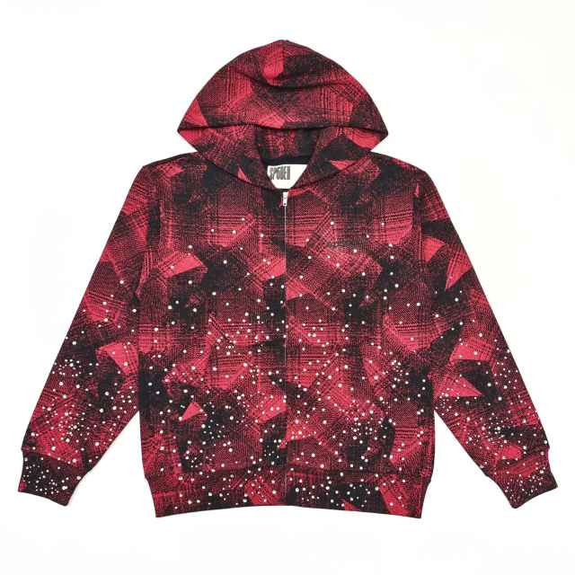1:1 Quality Version Red-Striped Checkered Scattered-Diamond Zipper Hoodie