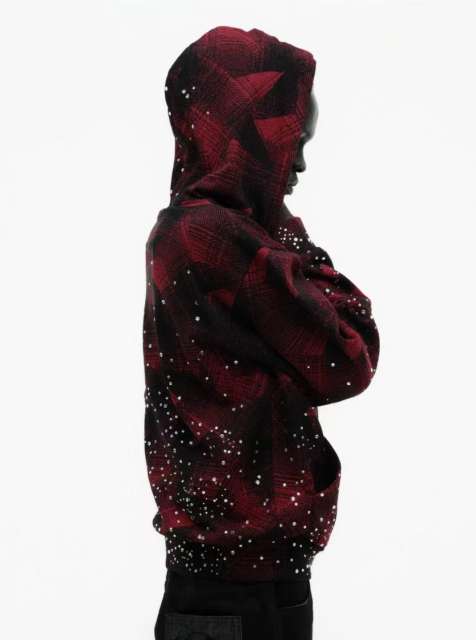 1:1 Quality Version Red-Striped Checkered Scattered-Diamond Zipper Hoodie