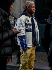 Blue and White Patterned COMPAQ Embroidered Leather Jacket 28702274