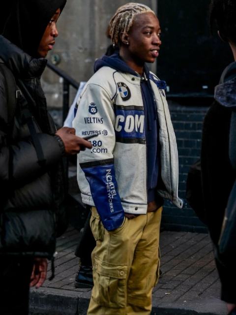 Blue and White Patterned COMPAQ Embroidered Leather Jacket 28702274