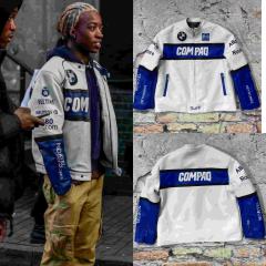 Blue and White Patterned COMPAQ Embroidered Leather Jacket 28702274