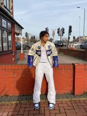 Blue and White Patterned COMPAQ Embroidered Leather Jacket 28702274