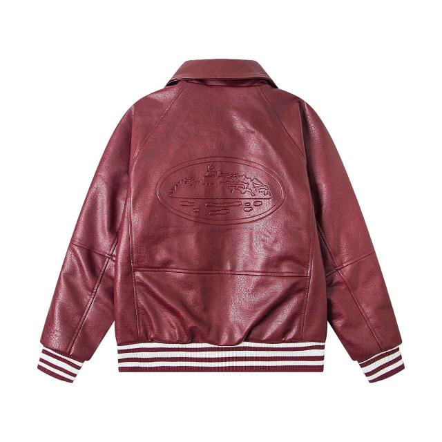 Wine Red Classic Embossed Hip-hop Leather Jacket 28635786