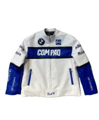 Blue and White Patterned COMPAQ Embroidered Leather Jacket 28702274