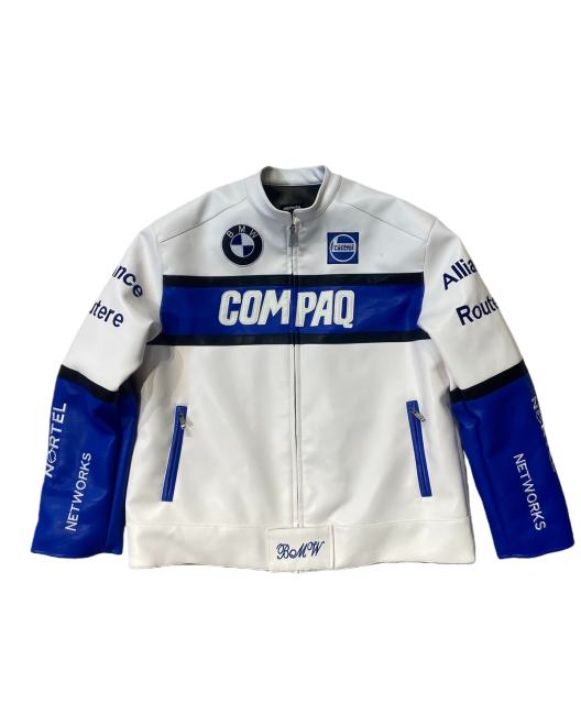 Blue and White Patterned COMPAQ Embroidered Leather Jacket 28702274