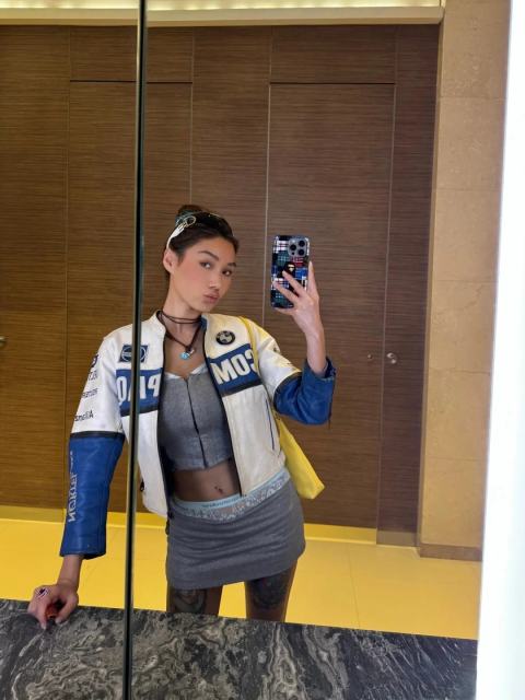 Blue and White Patterned COMPAQ Embroidered Leather Jacket 28702274