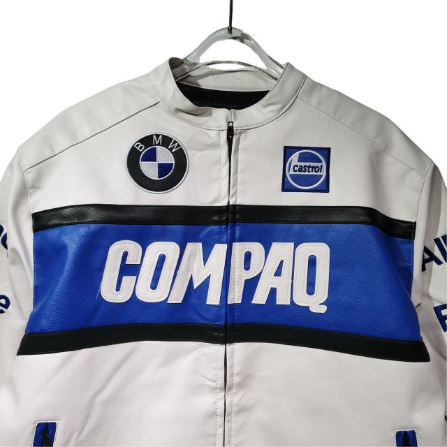 Blue and White Patterned COMPAQ Embroidered Leather Jacket 28702274