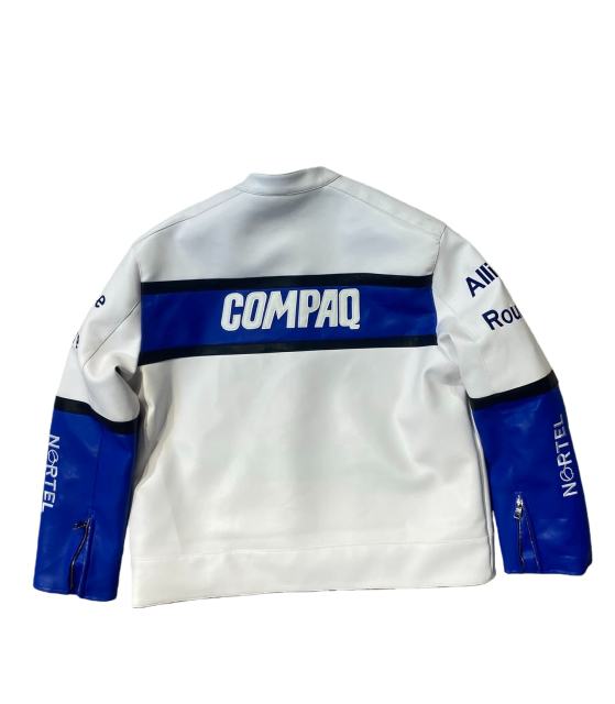 Blue and White Patterned COMPAQ Embroidered Leather Jacket 28702274