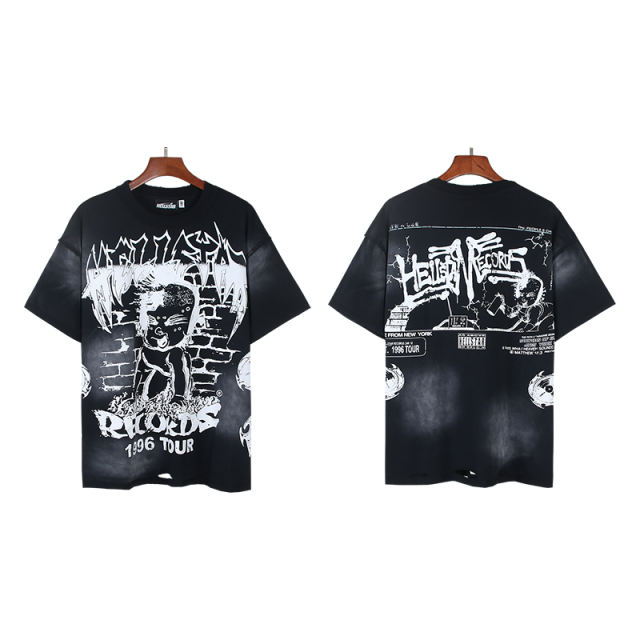 Patterned Letter Print Washed Distressed Reverse-Stitch Tee 2 colors 28559321
