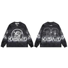 Skull Flame Print Mesh Long Sleeve T-Shirt 28493225