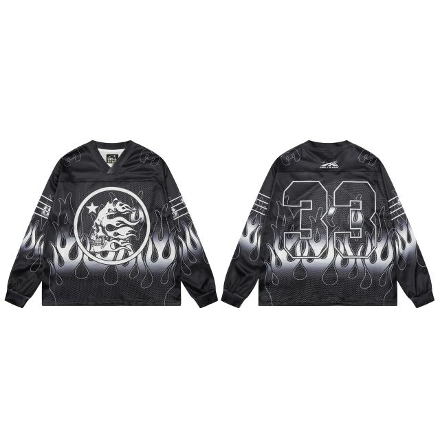 Skull Flame Print Mesh Long Sleeve T-Shirt 28493225