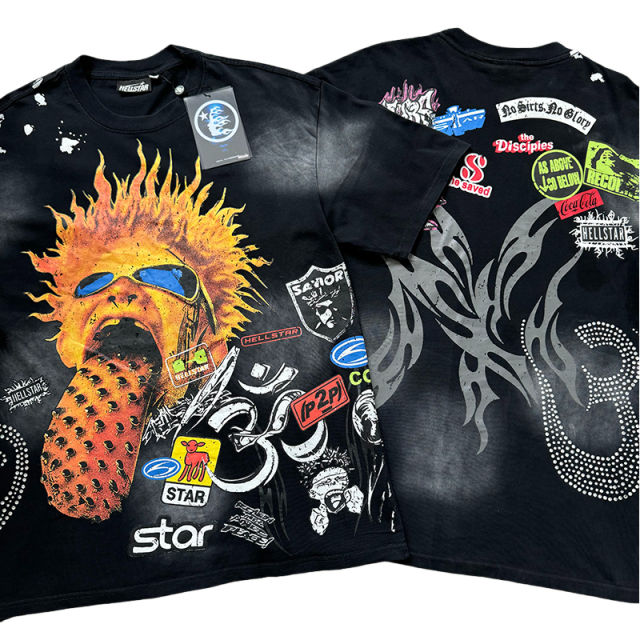 Rhinestone Letter Explosion Hairstyle Large Tongue Print Washed Version Tee 28636656