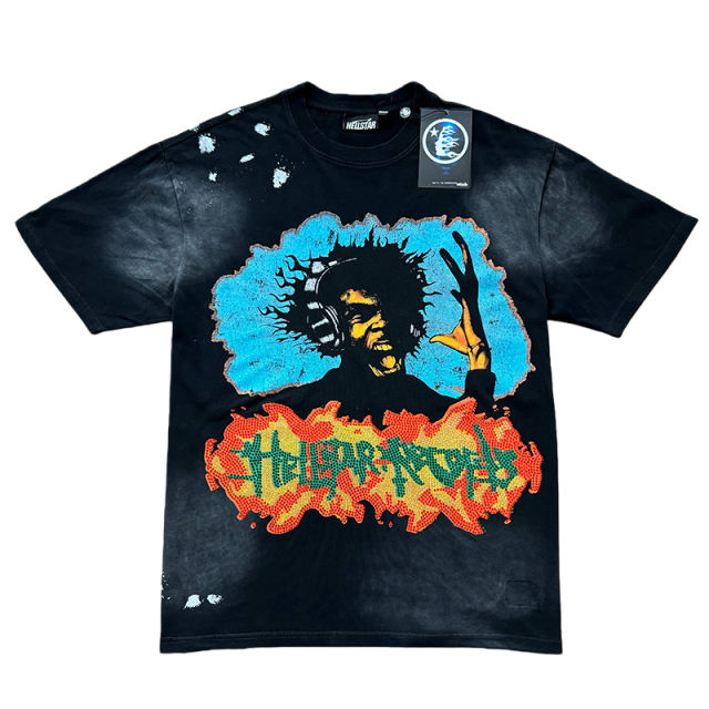 Color Rhinestone Letter Portrait Print Washed Version Tee 28636654