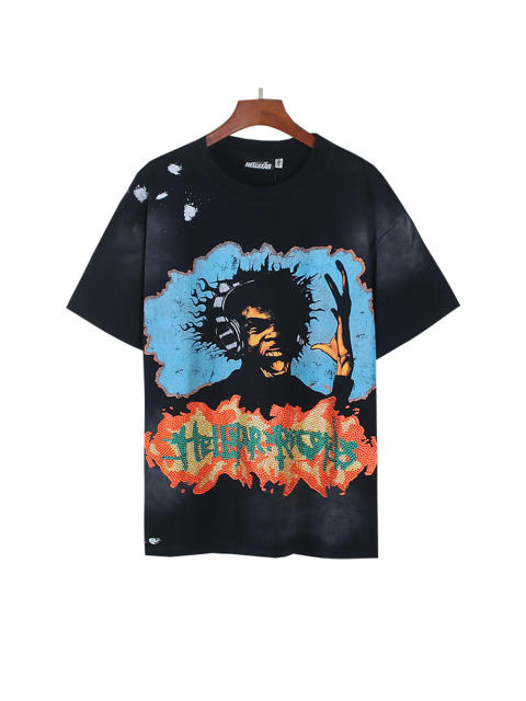 Color Rhinestone Letter Portrait Print Washed Version Tee 28636654