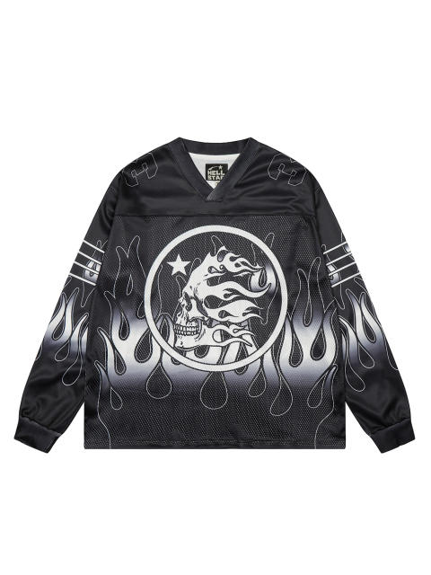 Skull Flame Print Mesh Long Sleeve T-Shirt 28493225