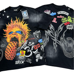 Rhinestone Letter Explosion Hairstyle Large Tongue Print Washed Version Tee 28636656