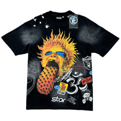Rhinestone Letter Explosion Hairstyle Large Tongue Print Washed Version Tee 28636656