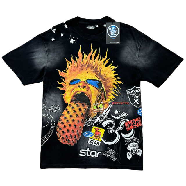 Rhinestone Letter Explosion Hairstyle Large Tongue Print Washed Version Tee 28636656