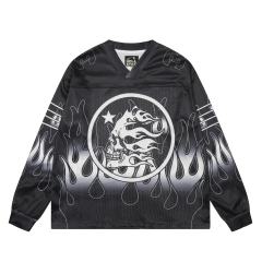 Skull Flame Print Mesh Long Sleeve T-Shirt 28493225