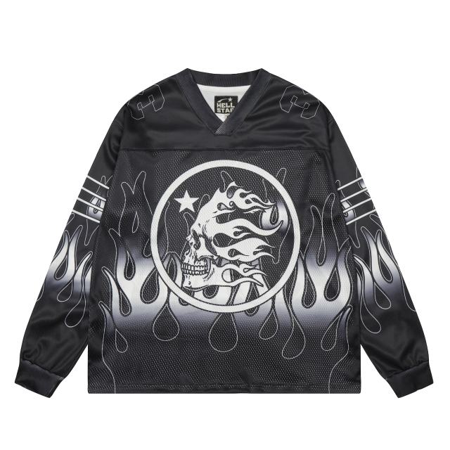 Skull Flame Print Mesh Long Sleeve T-Shirt 28493225