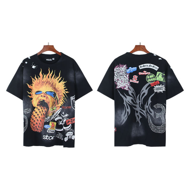 Rhinestone Letter Explosion Hairstyle Large Tongue Print Washed Version Tee 28636656