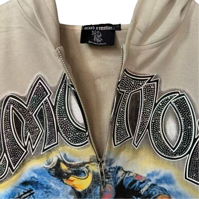 Rhinestone Skateboard Print Zipper Hoodie 28700560
