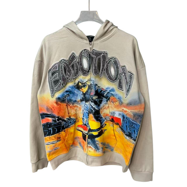 Rhinestone Skateboard Print Zipper Hoodie 28700560