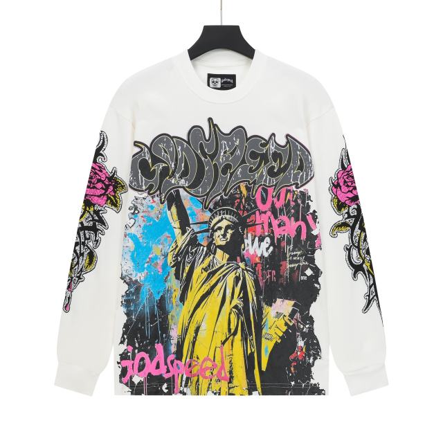Statue of Liberty Graffiti Letter Print Washed Version Long Sleeve T-Shirt 3 colors 28702248