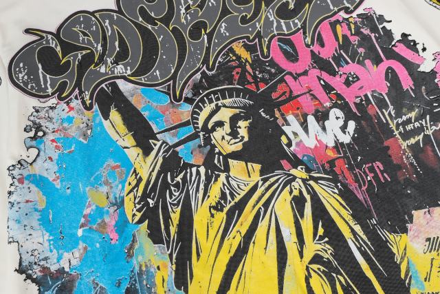 Statue of Liberty Graffiti Letter Print Washed Version Long Sleeve T-Shirt 3 colors 28702248