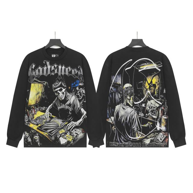 Skeleton Screen-Printed Clothing Washed Version Long Sleeve T-Shirt 2 colors 28691923