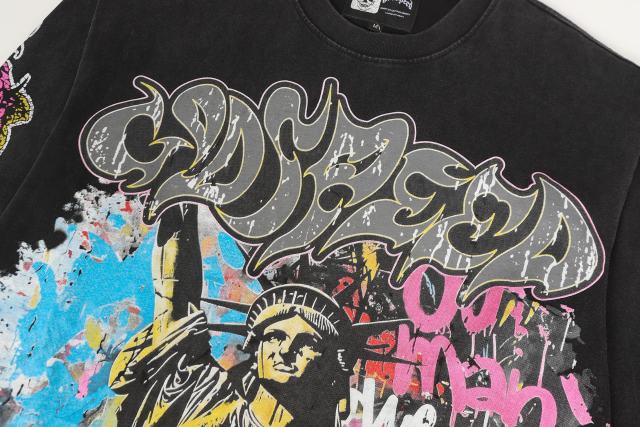 Statue of Liberty Graffiti Letter Print Washed Version Long Sleeve T-Shirt 3 colors 28702248